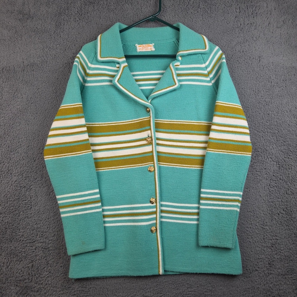 Vintage Cardigan Sweater Womens Medium 60s 70s Hand Loomed Long‎ Gold Button Mod